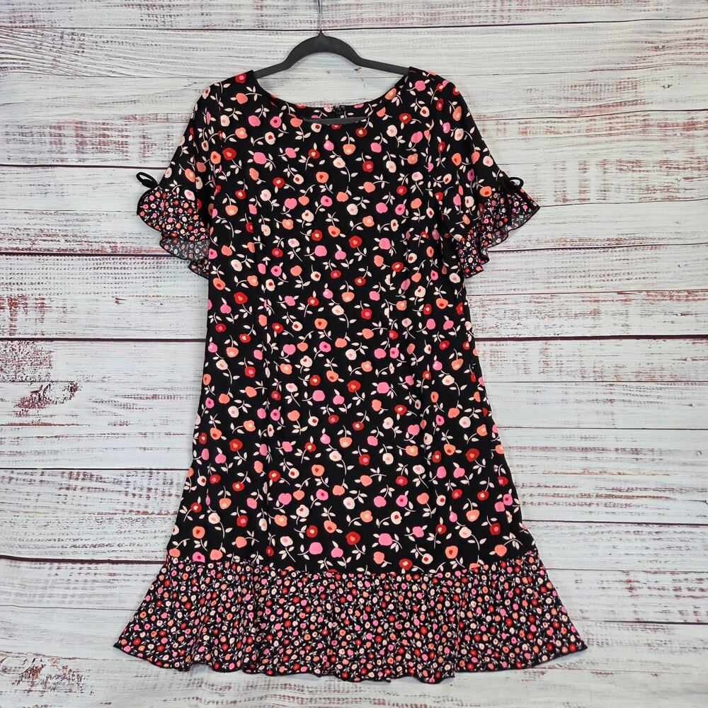 Talbots Jewel Neck Shift Dress 12P Black Pink Poppy Floral Short Sleeve Ruffle